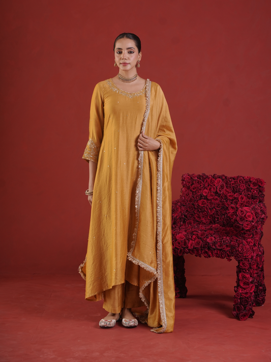 Mustard Chanderi Zari & Sequin Embroidered Kurta Pant Set with Dupatta