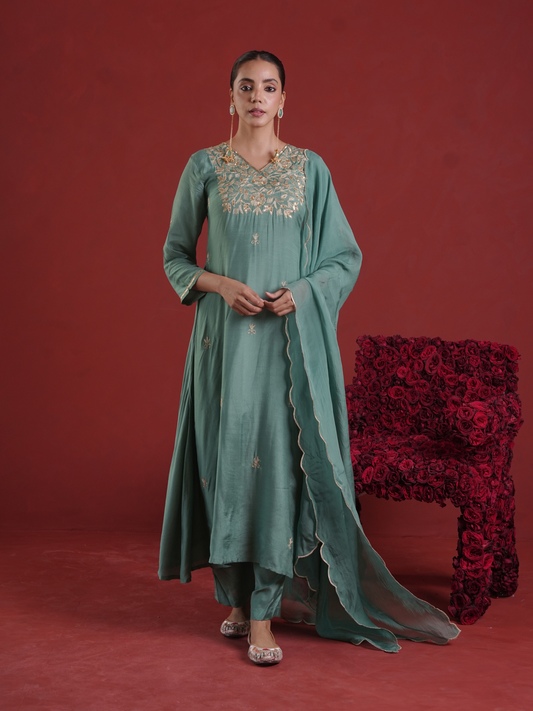 Sage Green Silk Kurta Set with Hand-Embellished Organza Dupatta