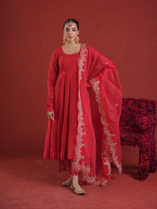 Red Chanderi Anarkali with Embroidered Zari Pants & Organza Dupatta