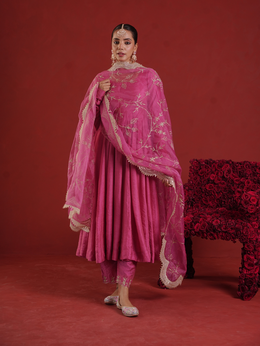 Rose Pink Chanderi Anarkali Set with Zari Jaal Organza Dupatta