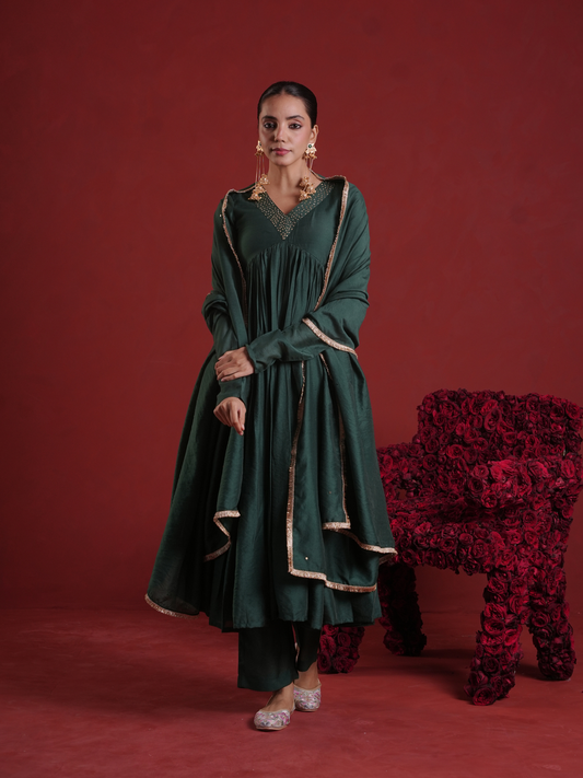 Emerald Green Sequin Embellished Chanderi Kurta Set with Dupatta