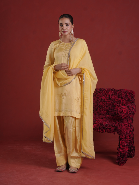 Butter Yellow Silk Kurta with Farsi Salwar & Organza Dupatta