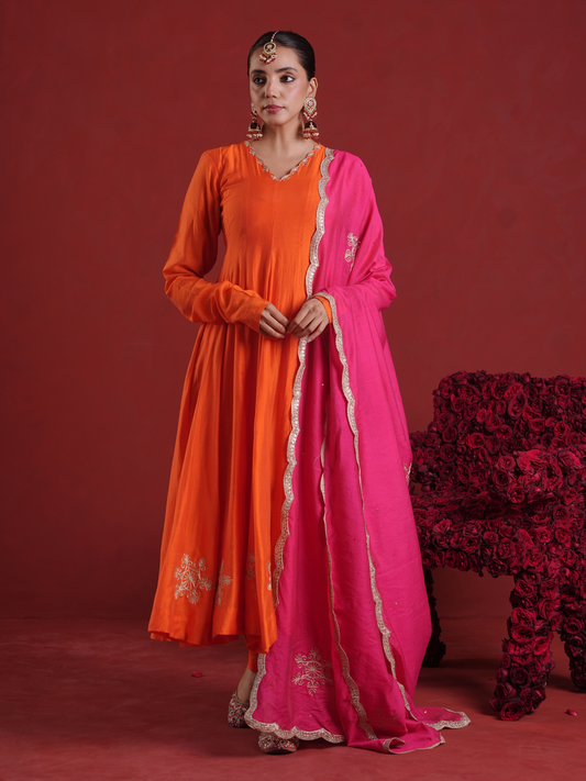 Orange Chanderi Anarkali Kurta Set with Pink Zari Sequin Dupatta