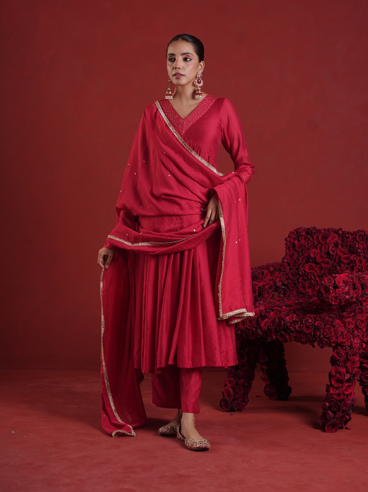Maroon Sequin Embellished Chanderi Kurta Set with Dupatta