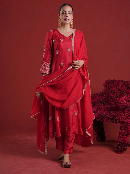 Red Silk Aari & Sequin Embroidered Silk Kurta Set with Organza Dupatta