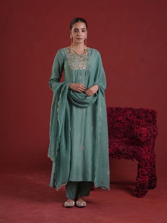 Sage Green Silk Kurta Set with Hand-Embellished Organza Dupatta