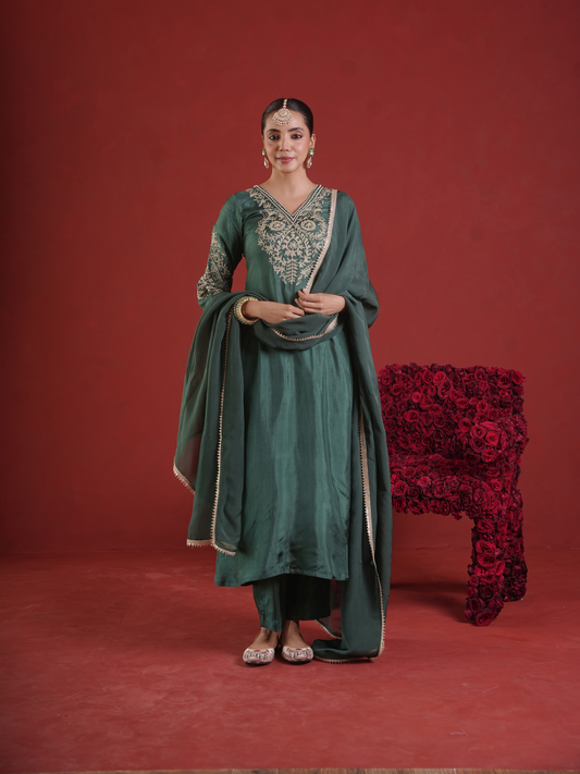 Green Silk Zari Embroidered Kurta Pant Set with Organza Dupatta