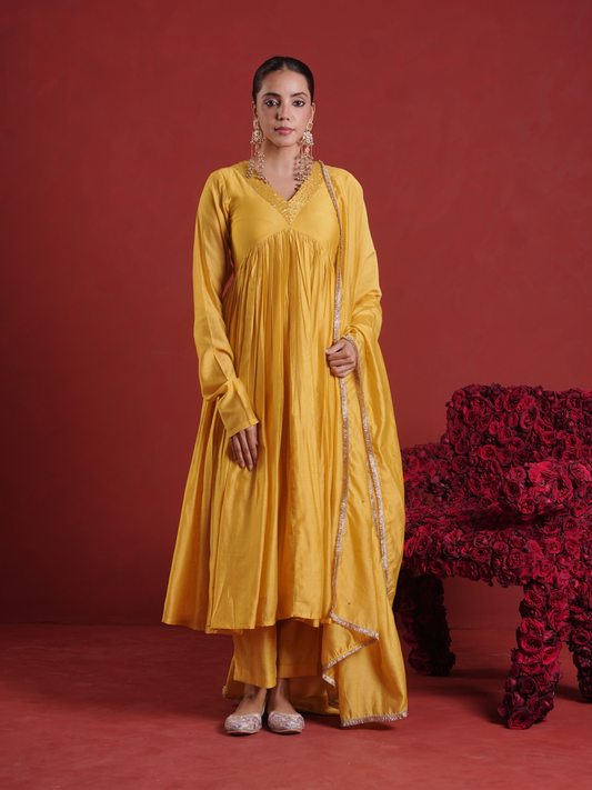 Amber Mustard Sequin Embellished Chanderi Kurta Set with Dupatta