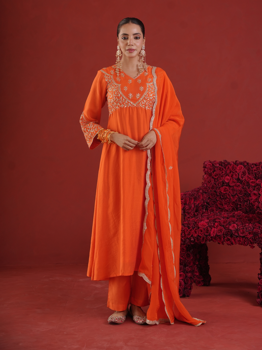 Orange Chanderi Zari & Sequin Embroidered Kurta Pant Set with Organza Dupatta