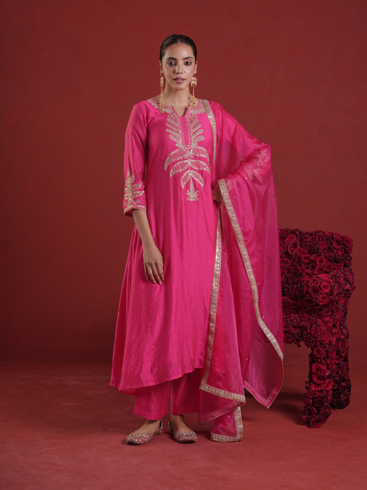 Fuchsia Pink Chanderi Sequin-Zari Kurta Set with Organza Dupatta