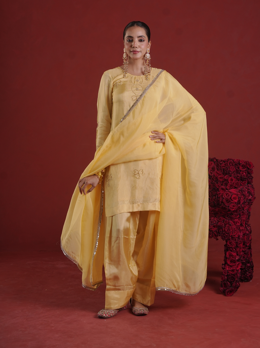 Butter Yellow Silk Kurta with Farsi Salwar & Organza Dupatta