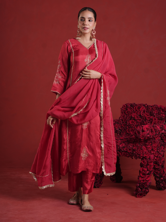 Maroon Zari Sequin Motif Silk Straight Kurta Set