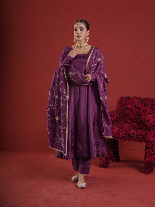 Royal Plum Silk Zari & Sequin Embroidered Anarkali with Zari Jaal Organza Dupatta