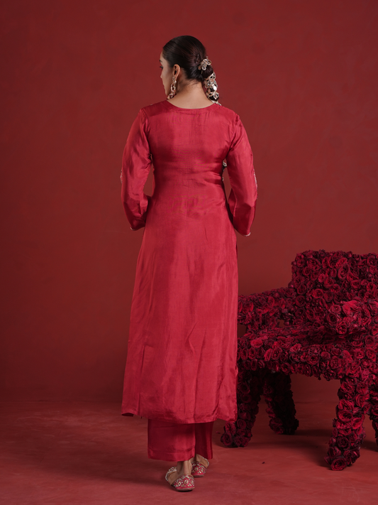 Maroon Zari Sequin Motif Silk Straight Kurta Set