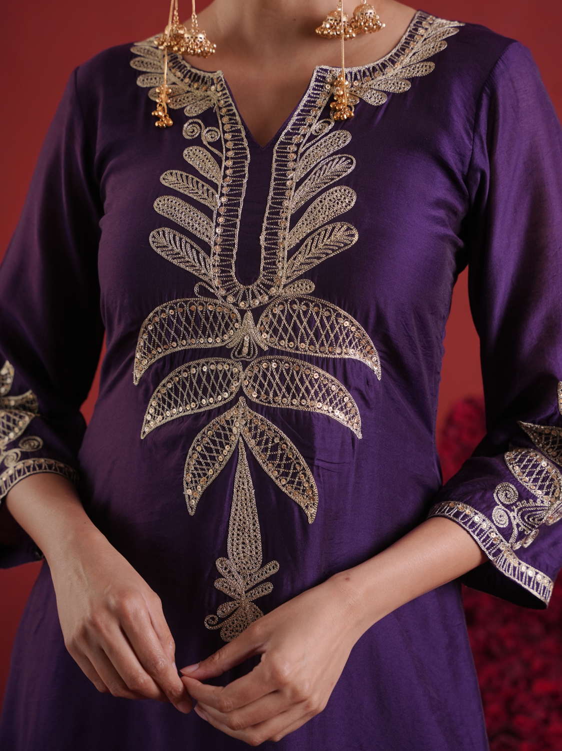 Purple Chanderi Sequin-Zari Kurta Set with Organza Dupatta