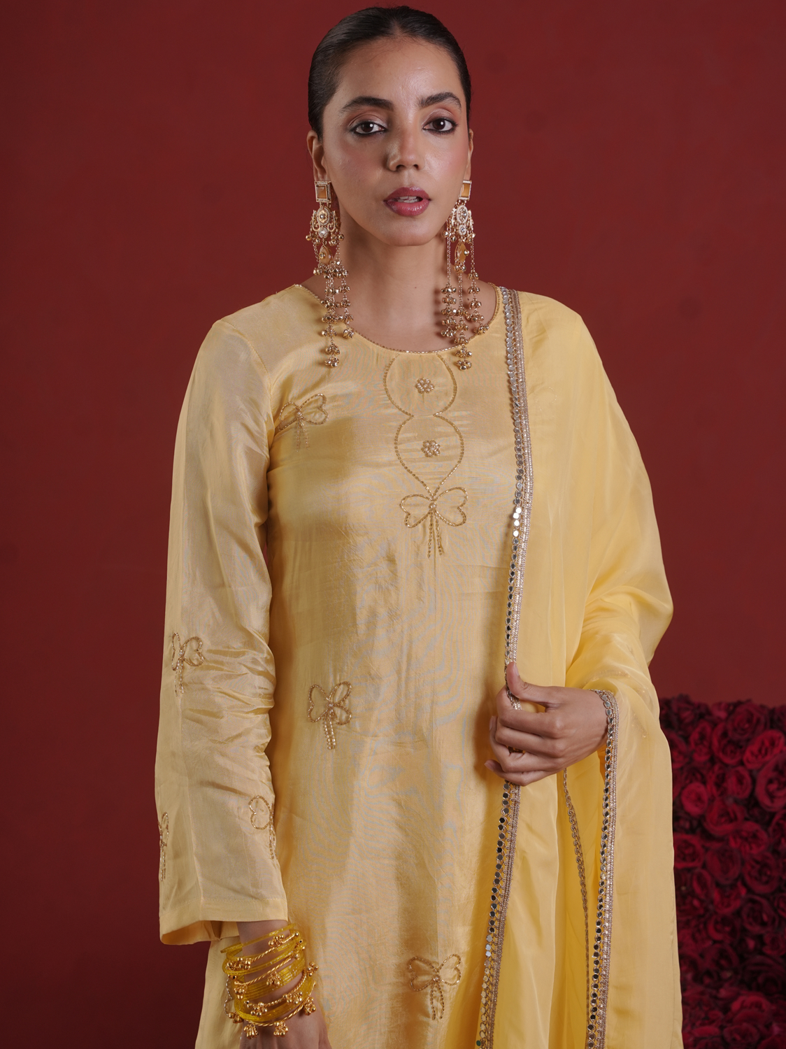 Butter Yellow Silk Kurta with Farsi Salwar & Organza Dupatta