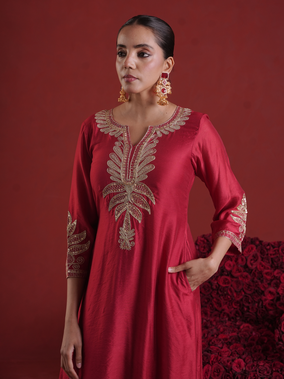 Maroon Chanderi Sequin-Zari Kurta Set with Organza Dupatta