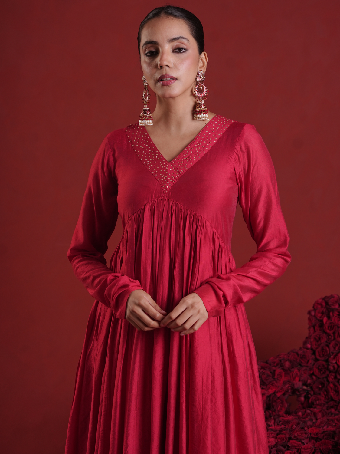 Maroon Sequin Embellished Chanderi Kurta Set with Dupatta