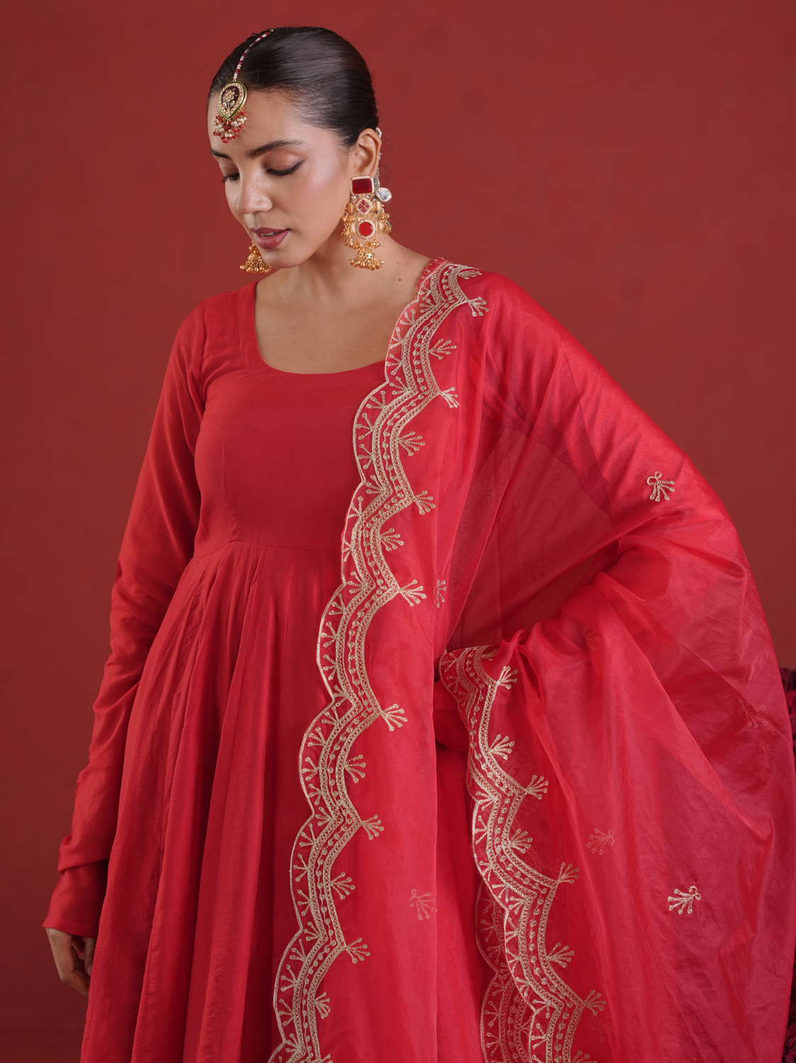 Red Chanderi Anarkali with Embroidered Zari Pants & Organza Dupatta