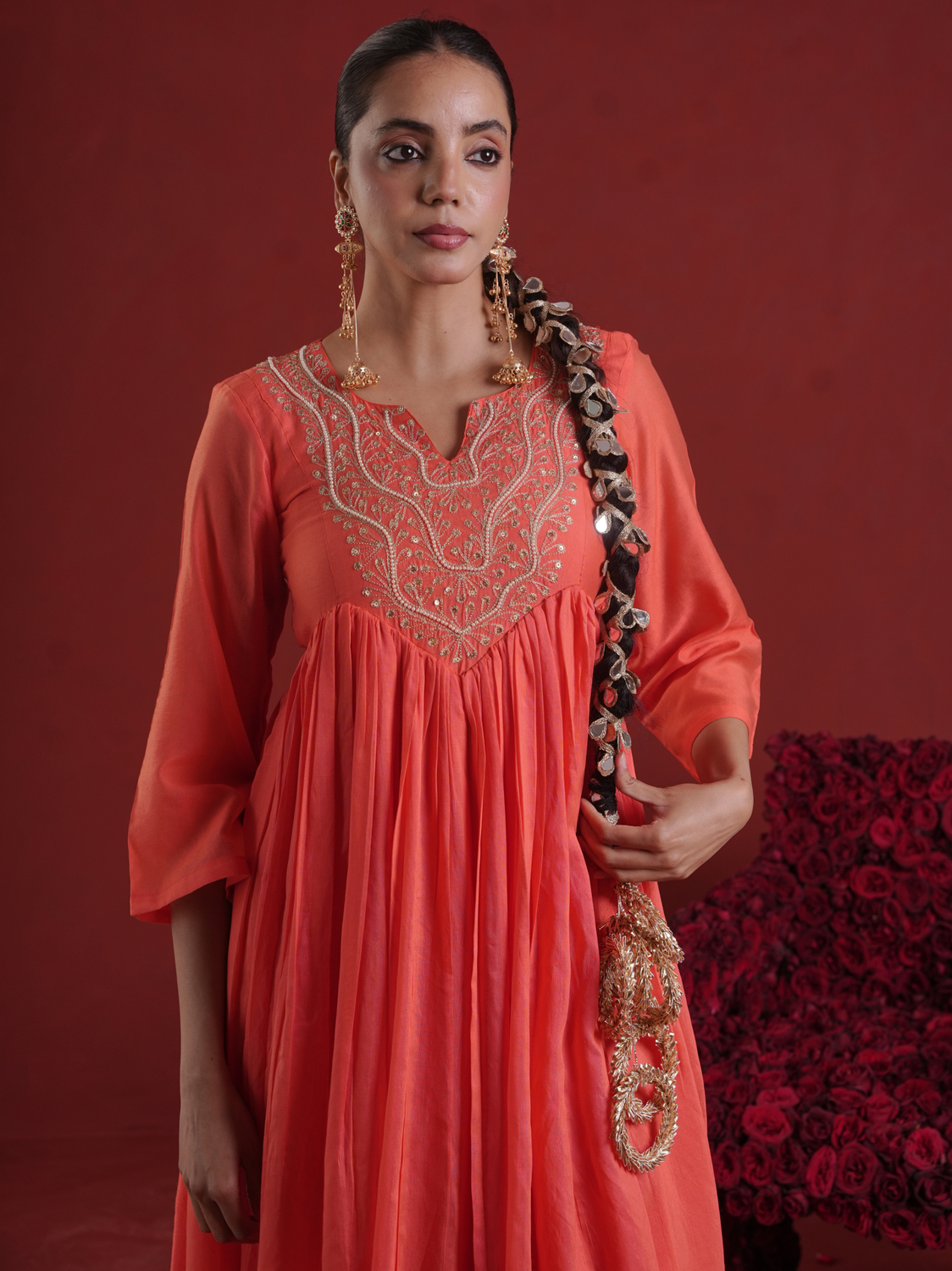 Orange Chanderi Zari Hand-Embroidered Kurta Set with Dupatta