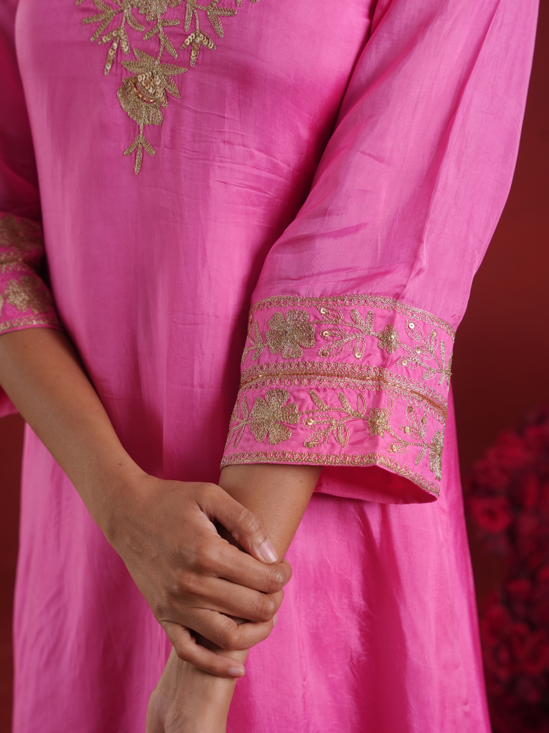 Pink Zari Embroidered Silk Kurta with Dupatta