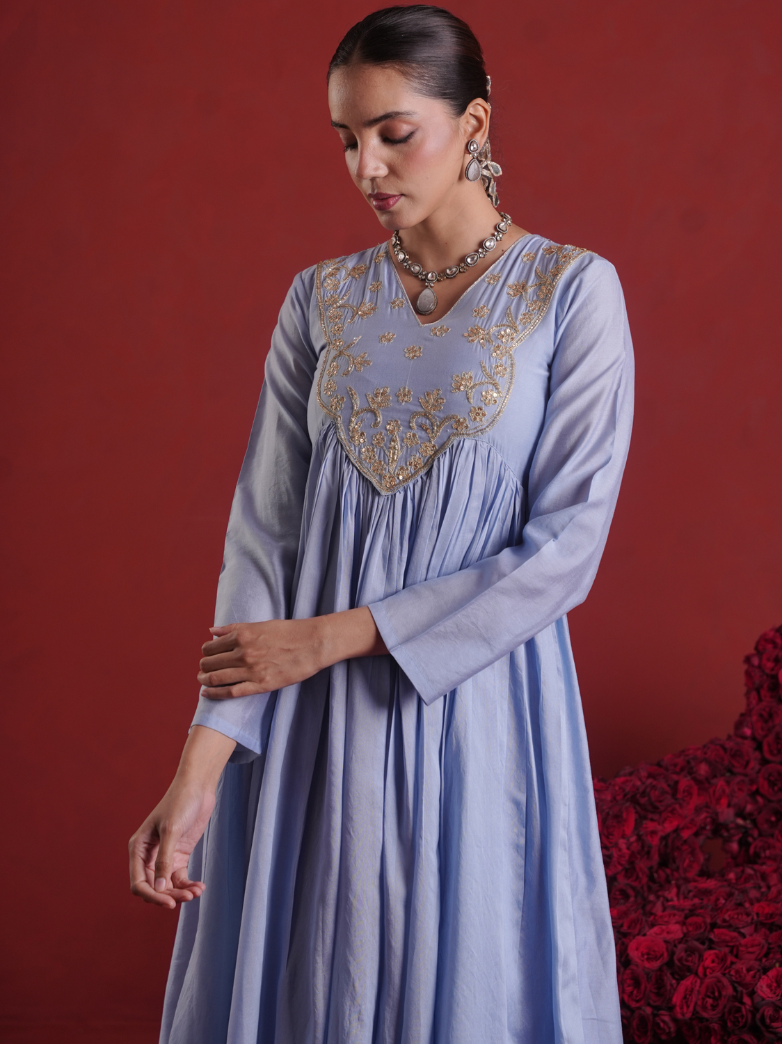 Powder Blue Zari Sequin Chanderi Gathered Kurta Set with Organza Dupatta