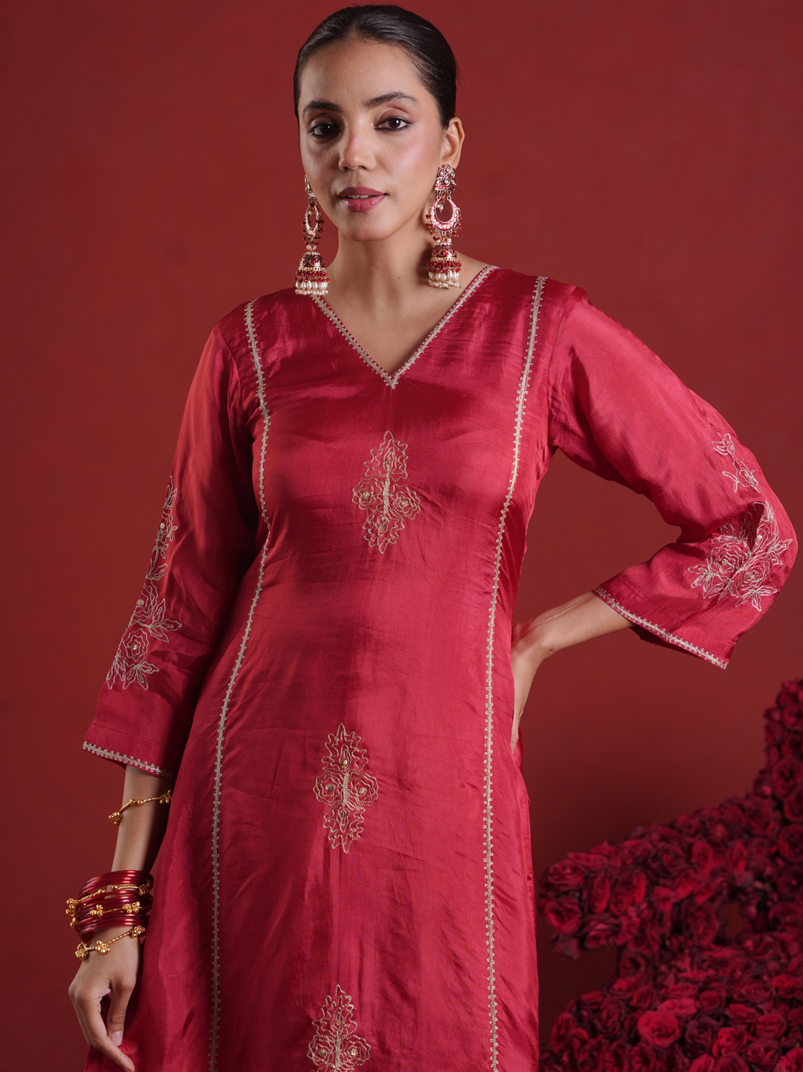 Maroon Zari Sequin Motif Silk Straight Kurta Set