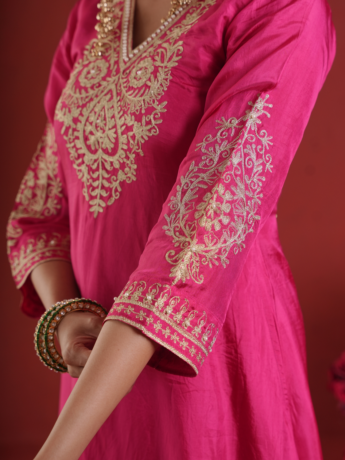 Pink Silk Zari & Sequin Embroidered Kurta Pant Set with Dupatta