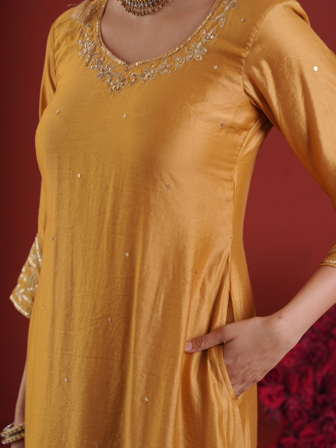 Mustard Chanderi Zari & Sequin Embroidered Kurta Pant Set with Dupatta