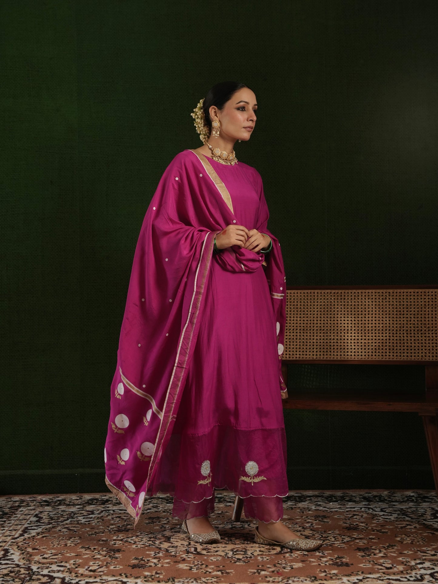 CHAAND DARK PINK MASLIN EMBROIDERY SUIT SET WITH BLOCKPRINT DUPATTA