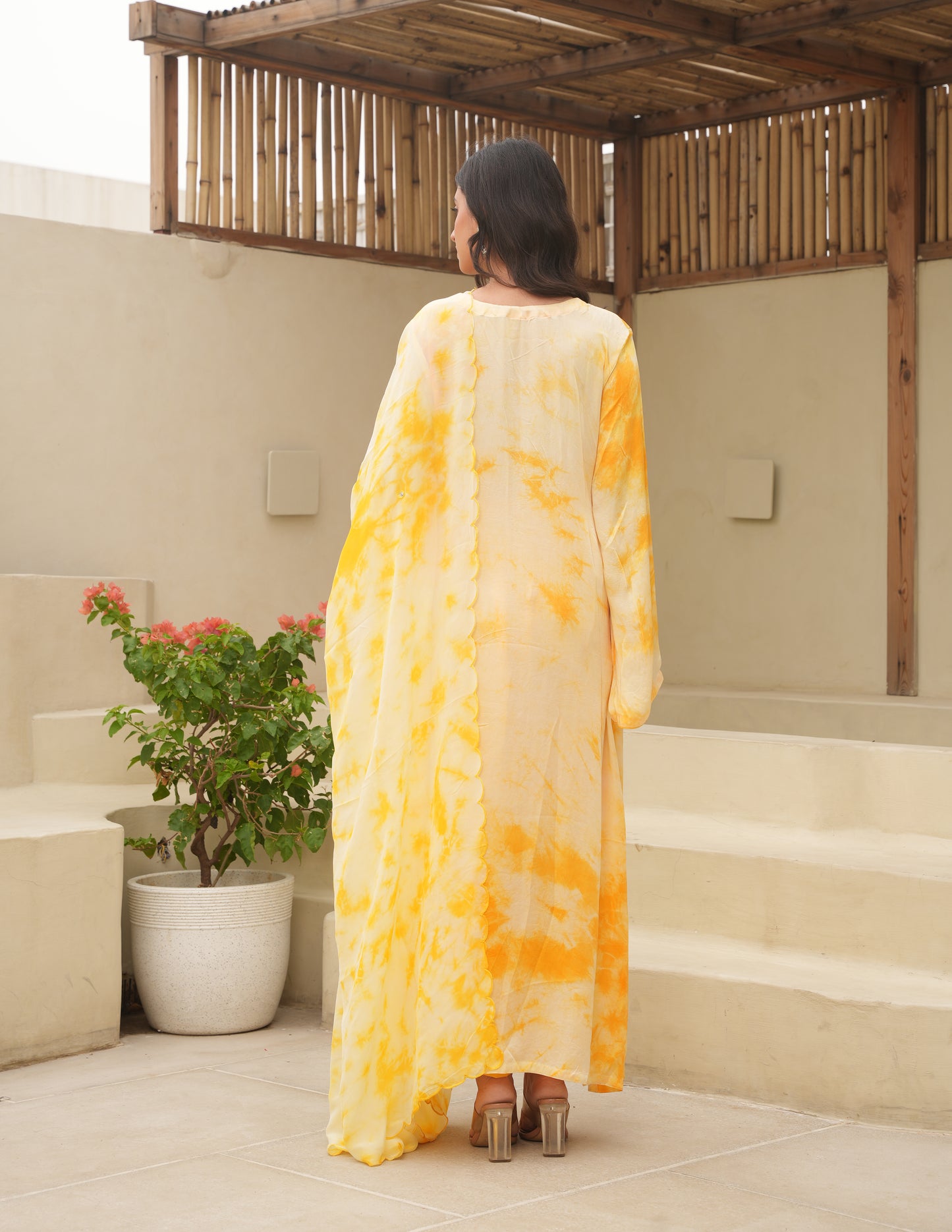 Yellow Silk Shibori Mirror Work Staright Suit Set