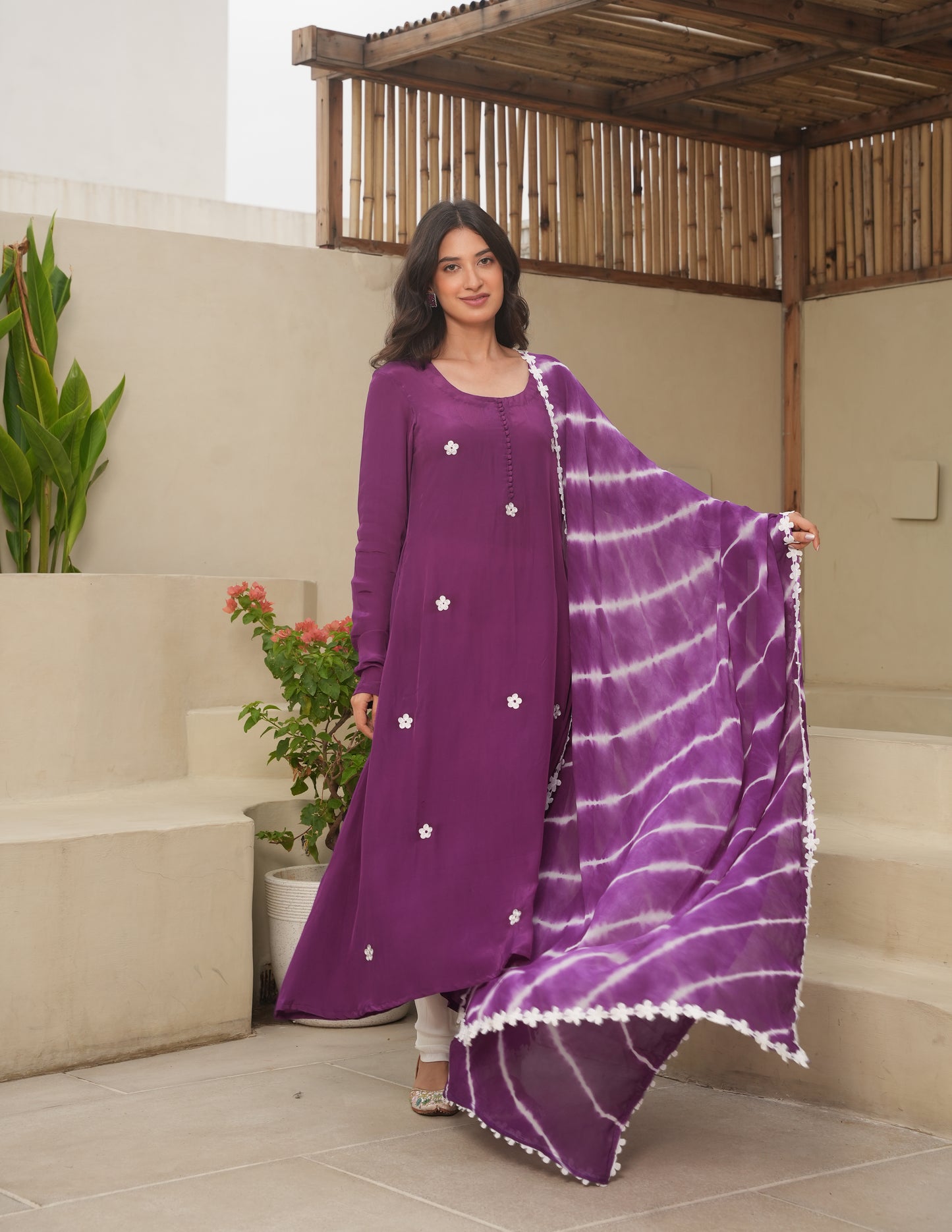 Purple Silk Embroidered Leheriya Suit Set
