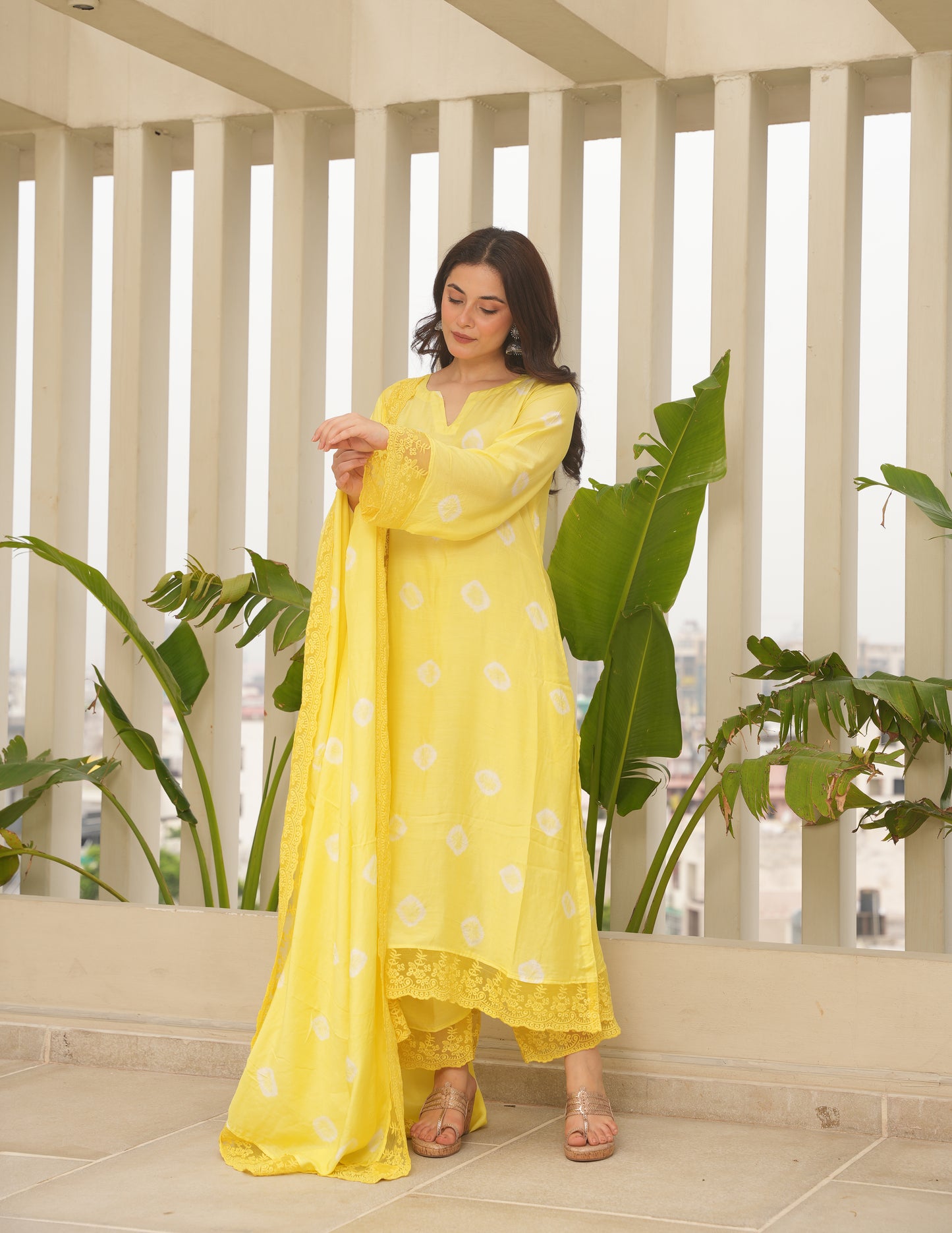 Yellow Maslin Bandhej Suit Set
