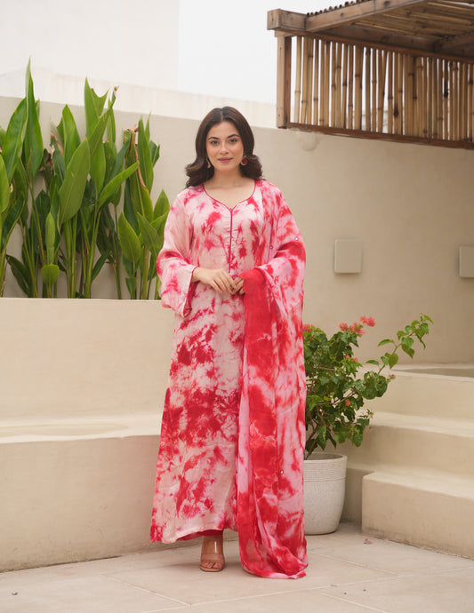 Red Silk Shibori Mirror Work Staright Suit Set