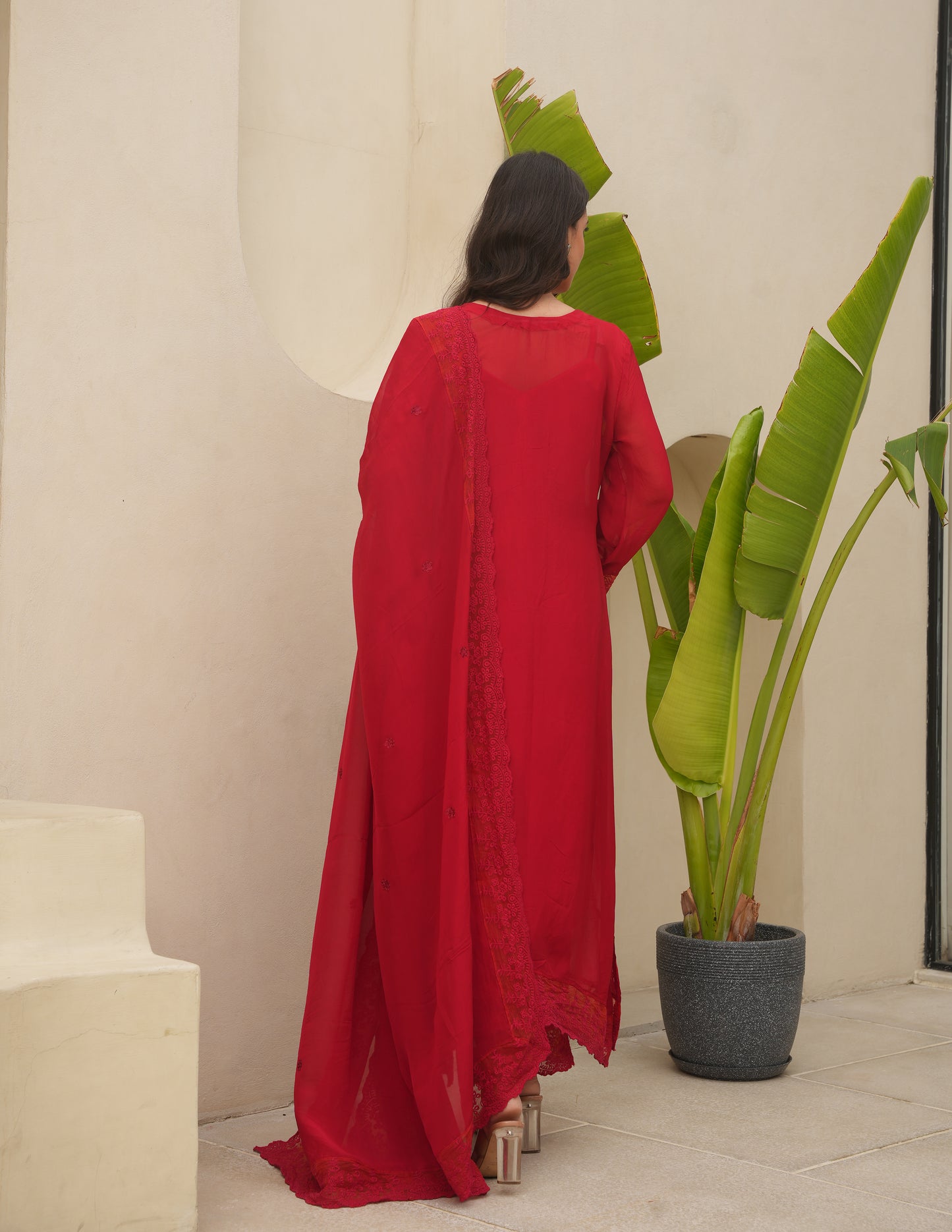 Red Organza Silk Aari Embroidered Suit Set