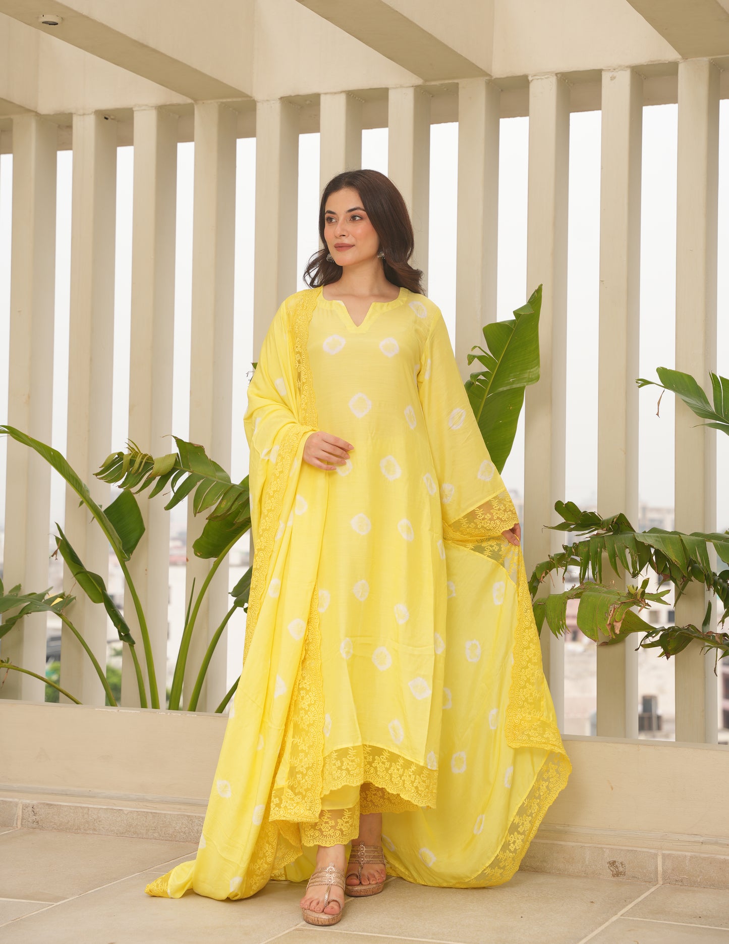 Yellow Maslin Bandhej Suit Set