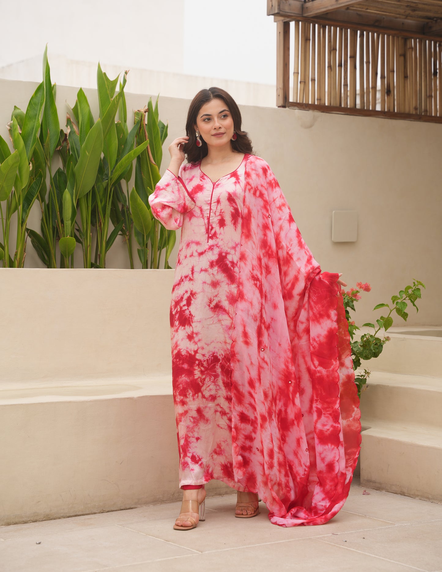 Red Silk Shibori Mirror Work Staright Suit Set