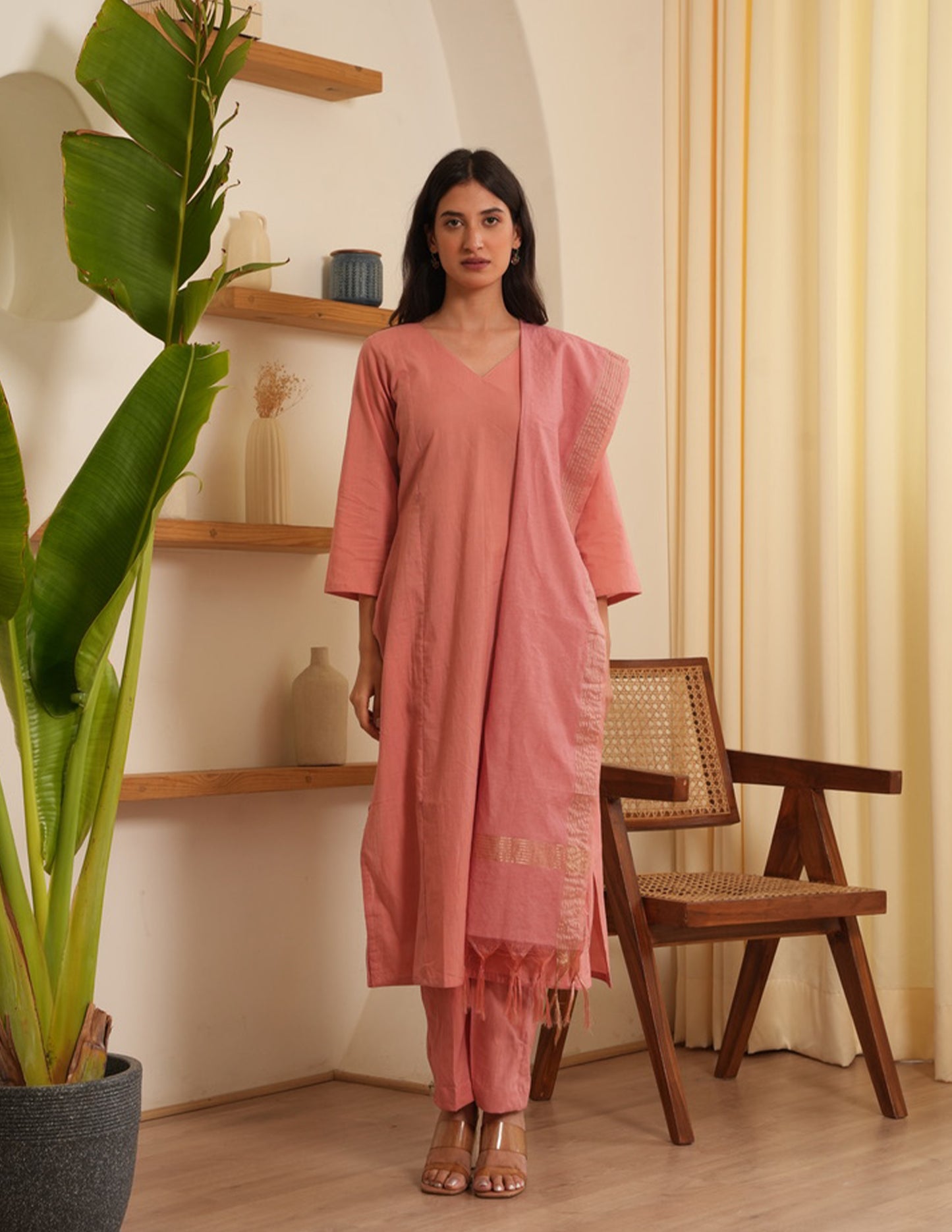 Gia Peach Cotton Straight Suit Set