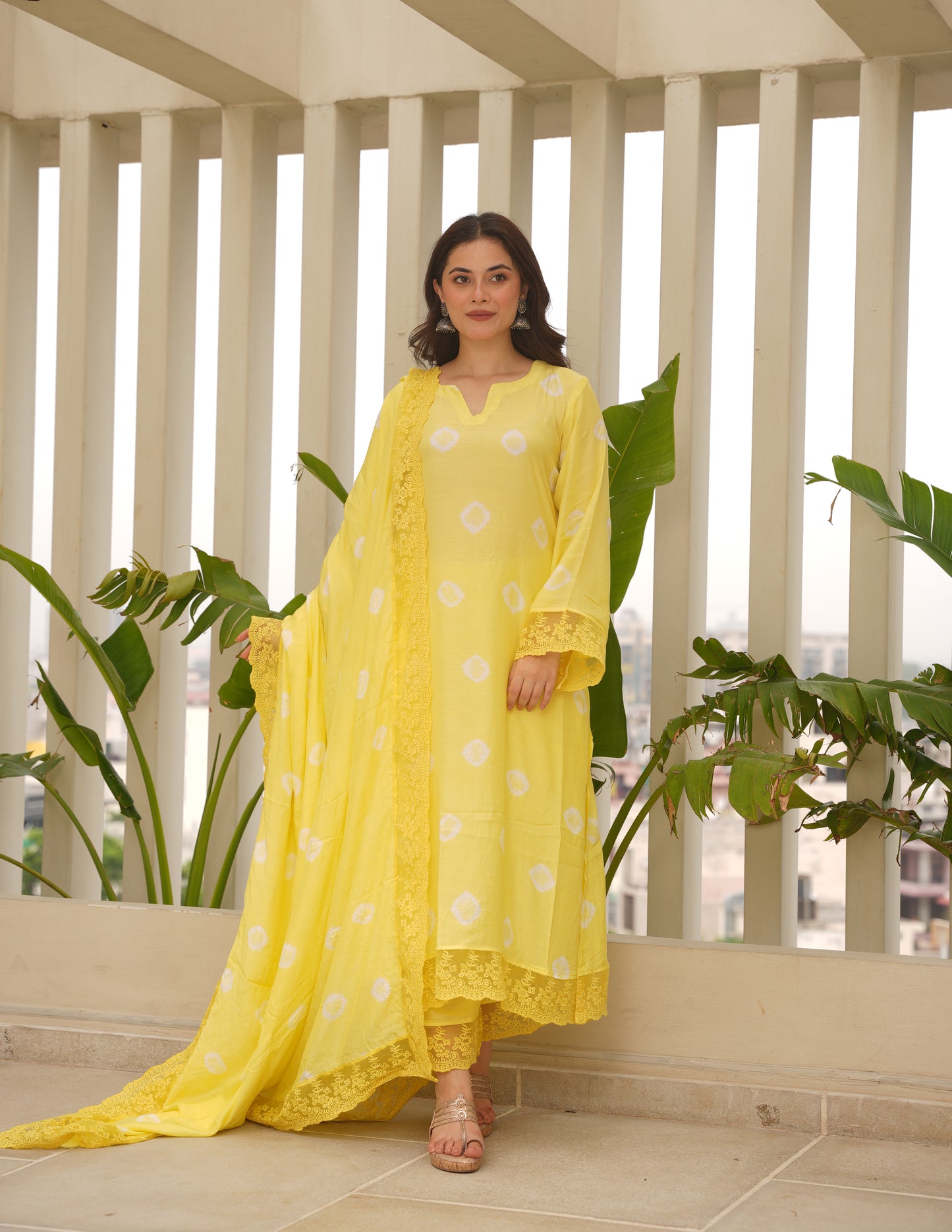 Yellow Maslin Bandhej Suit Set
