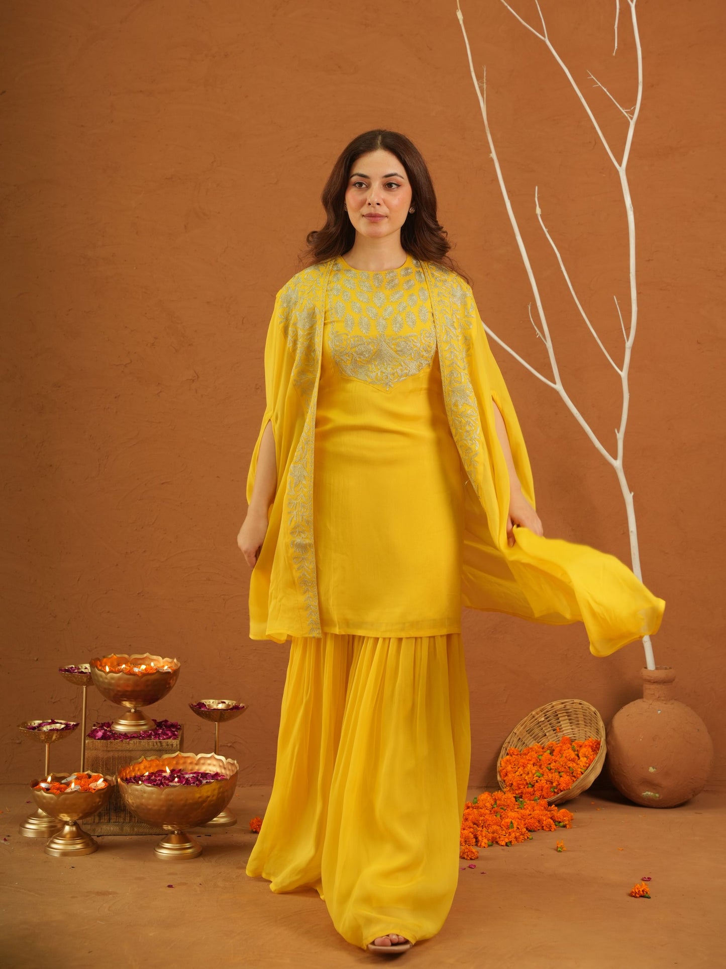 Parizet Yellow Zariwork Sharara Jacket Set