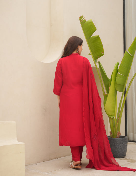 Marley Red Silk Straight Suit Set