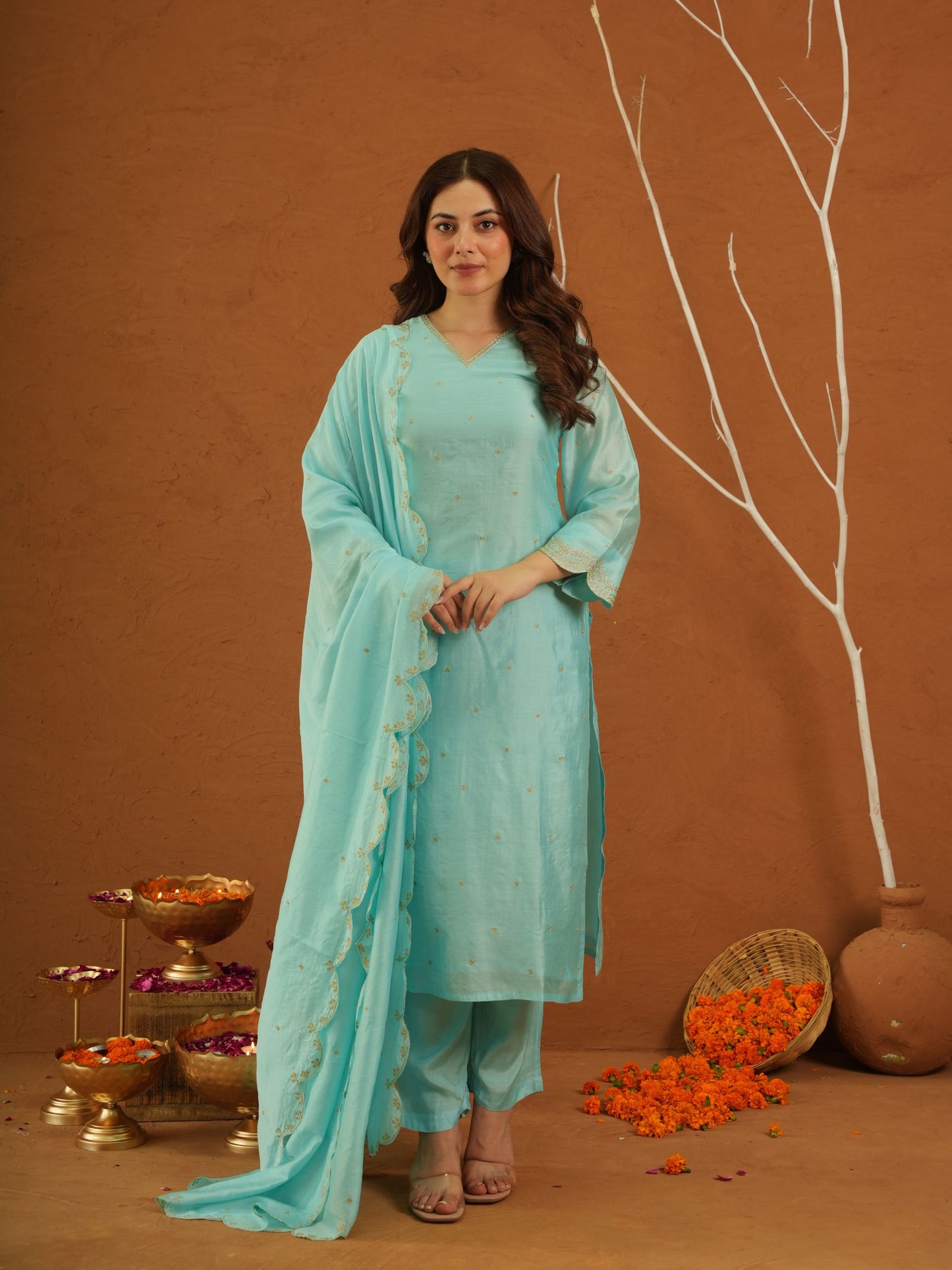 Noormahal Sky Chanderi Aariwork Suit Set
