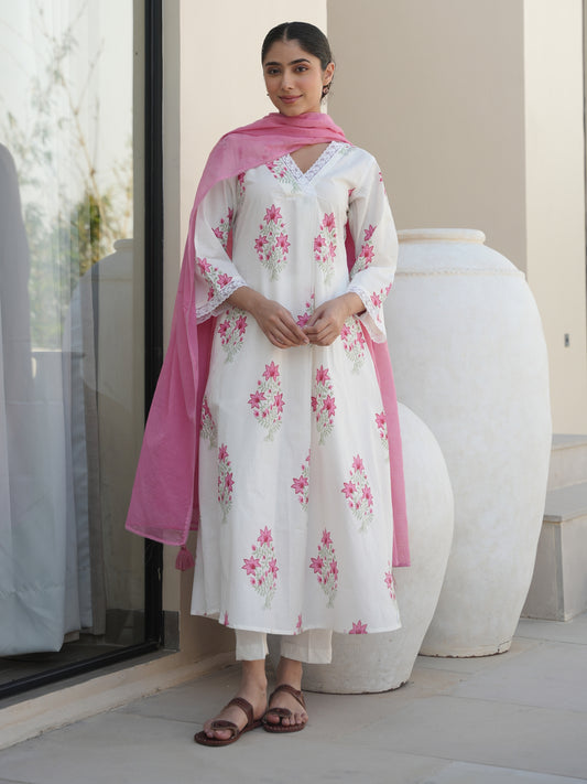 ALOE WHITE COTTON BLOCK PRINT SUIT SET