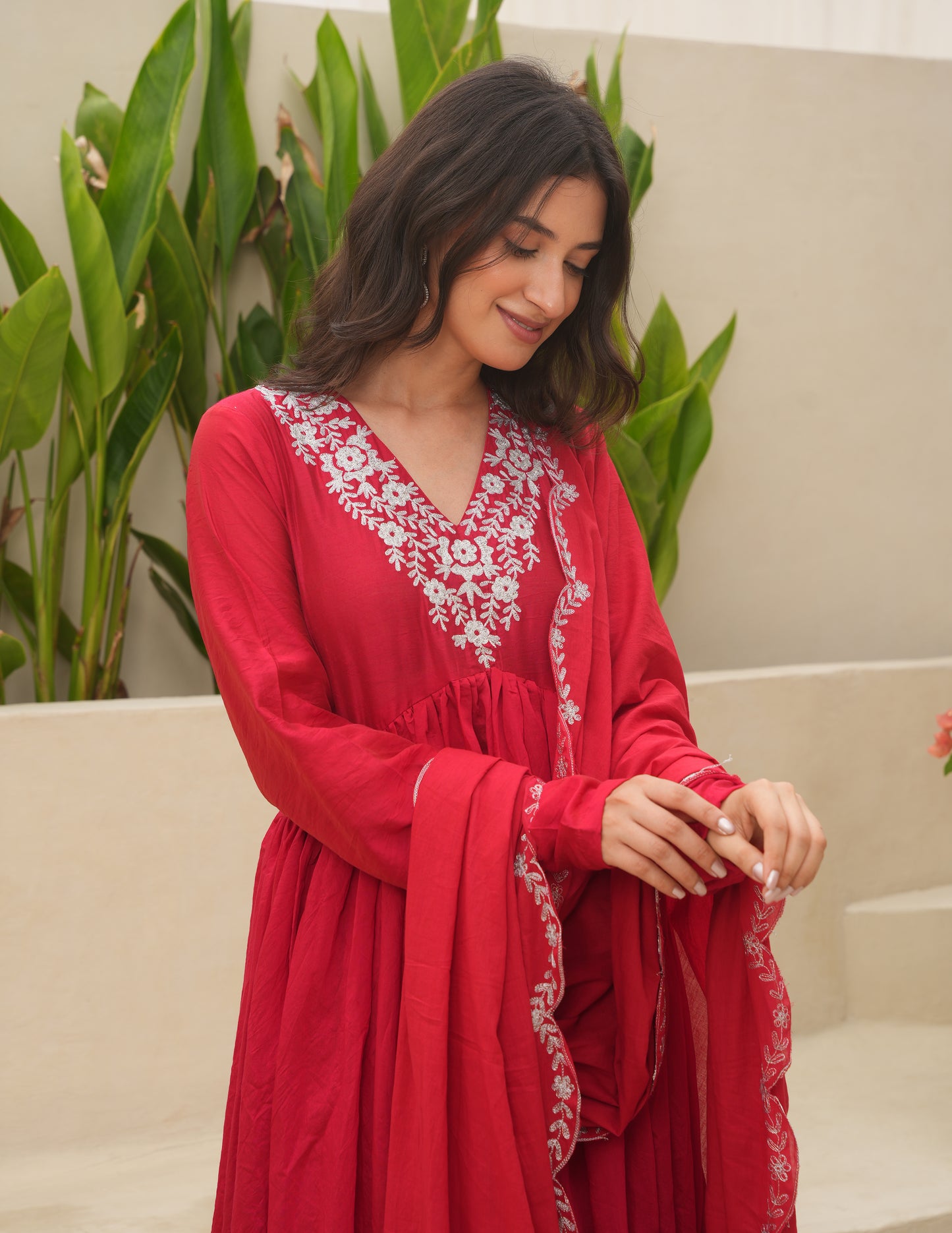 Red Chanderi Aari Embroidered Suit Set