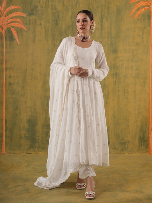 Zeenat White Embroidered Anarkali Set