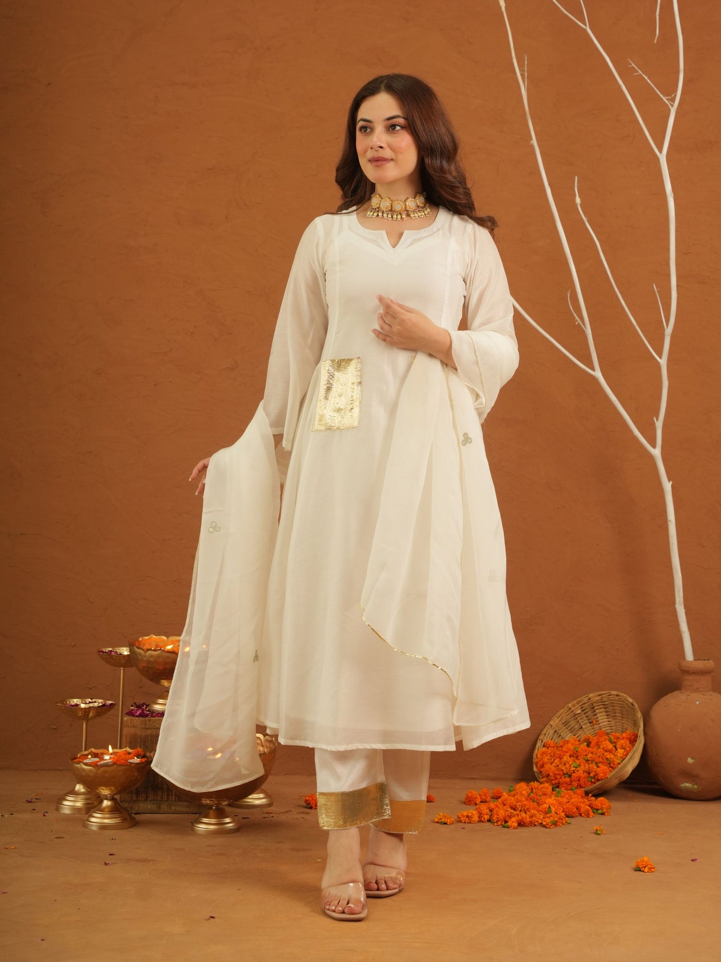 Apsaara White Chanderi Gota Suit Set