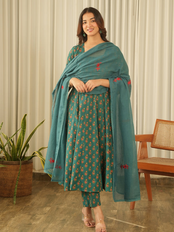 Emerald Green Cotton Suit Set with Pants & Doriya Dupatta
