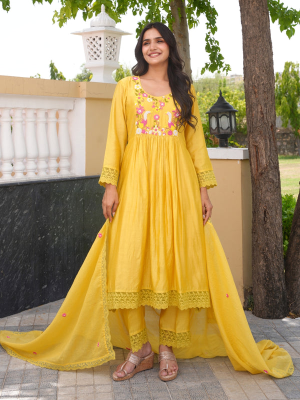 Mustard Floral Handwork Chanderi Kurta Set
