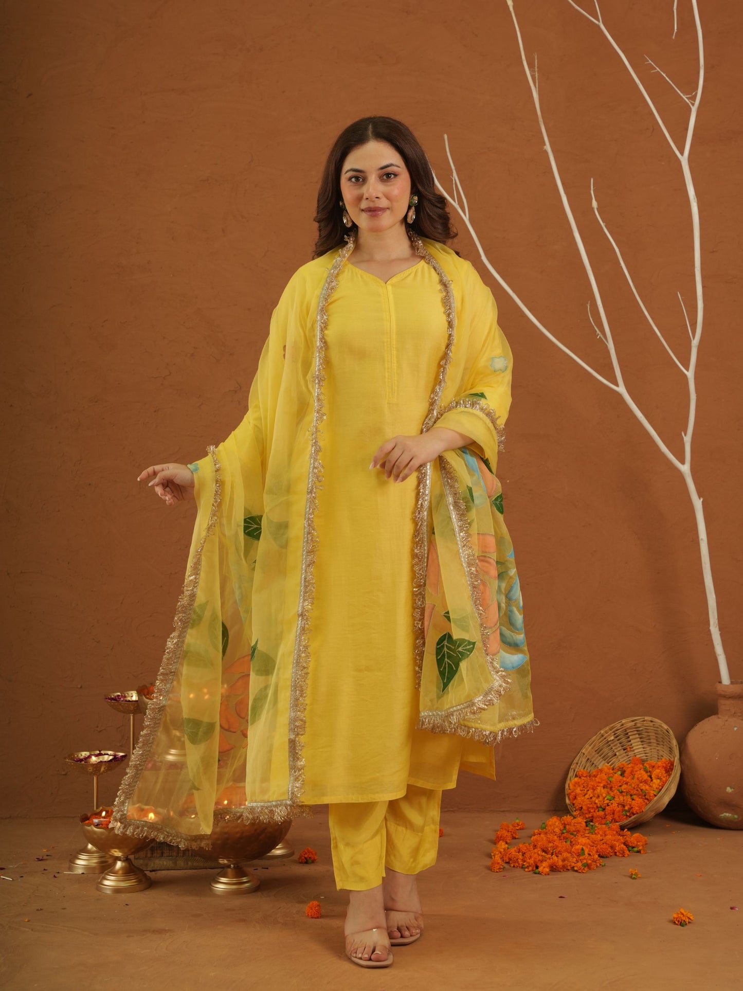 Surror Yellow Chanderi With Handpaint Dupatta