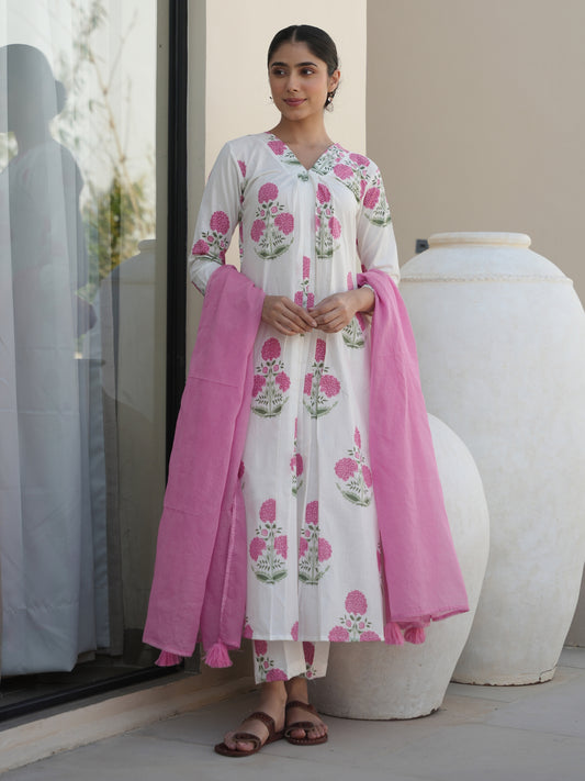 HIBISCUS WHITE COTTON BLOCK PRINT SUIT SET